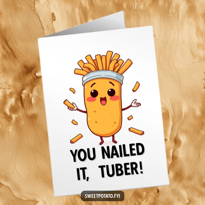 Funny Free Printable Congratulations Card: A shocked sweet potato character attempts to juggle a heap of delicious sweet potato fries.