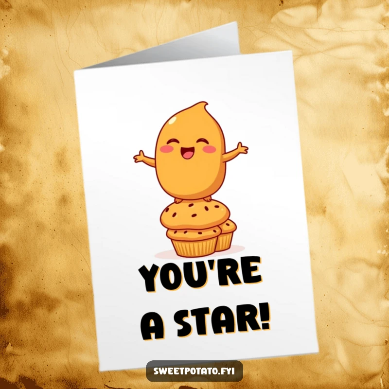 Funny Free Printable Congratulations Card: A laughing sweet potato character balances on muffins, celebrating a great achievement.