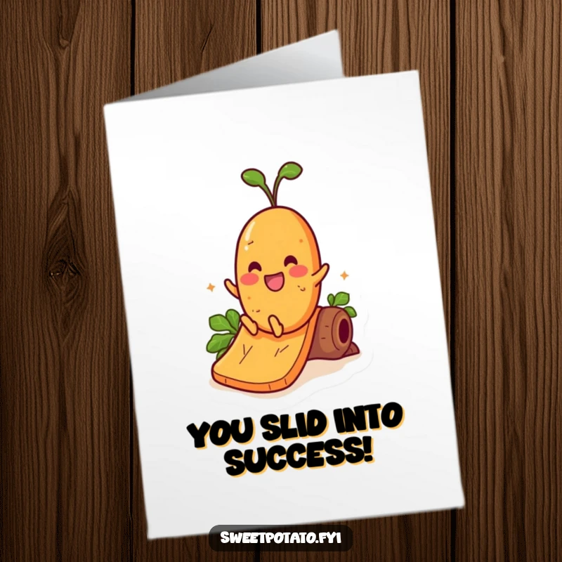Funny Free Printable Congratulations Card: A cheerful sweet potato character speeds down a huge yam slide.