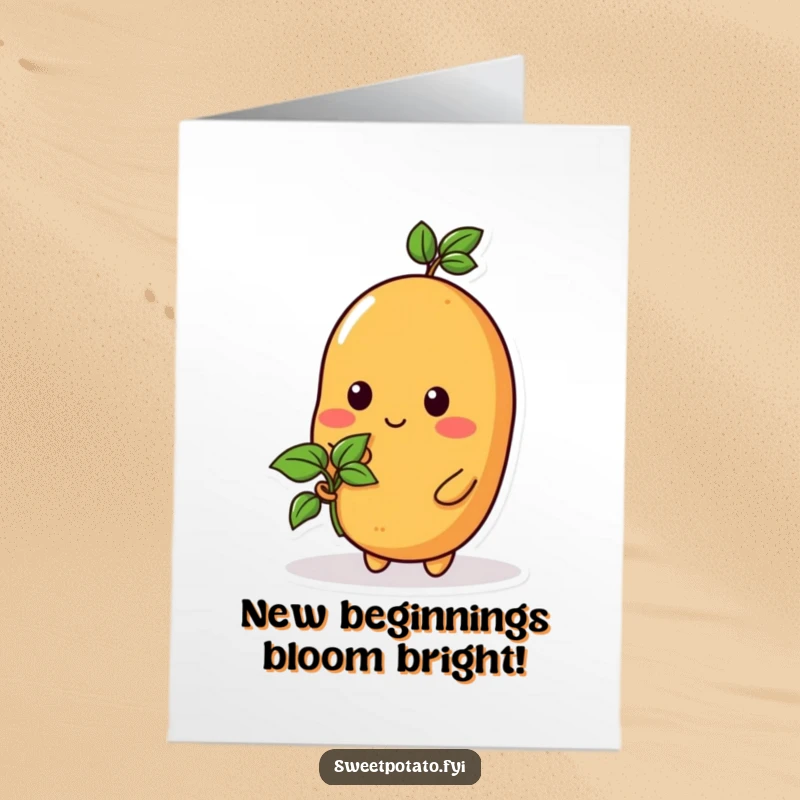 Funny Free Printable Congratulations Card: A sweet potato character proudly displays a tiny sprout, signifying achievement and new beginnings.