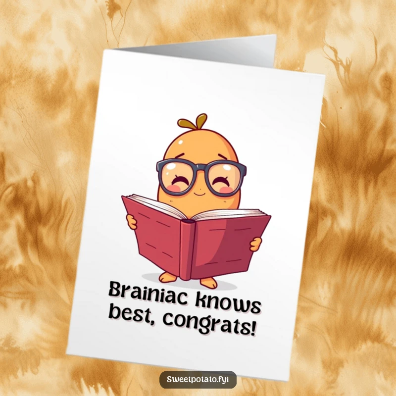 Funny Free Printable Congratulations Card: Intellectual sweet potato with glasses offers congratulations, celebrating achievement with a book.