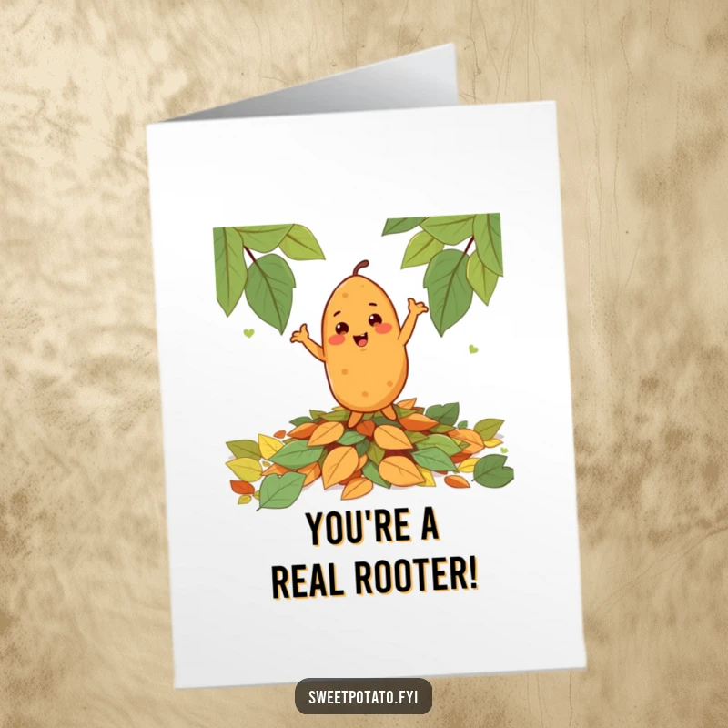 Funny Free Printable Congratulations Card: A cheerful sweet potato dances joyfully atop a pile of colorful leaves.