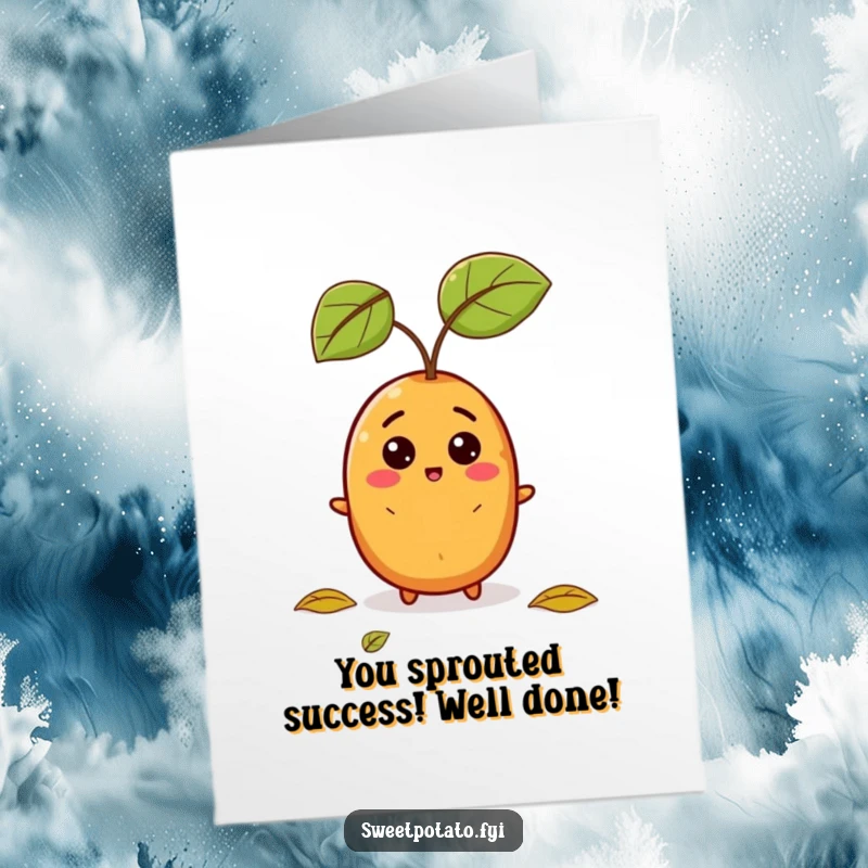 Funny free printable congratulations card showing a sweet potato character surprised by a falling leaf, perfect for unexpected news.