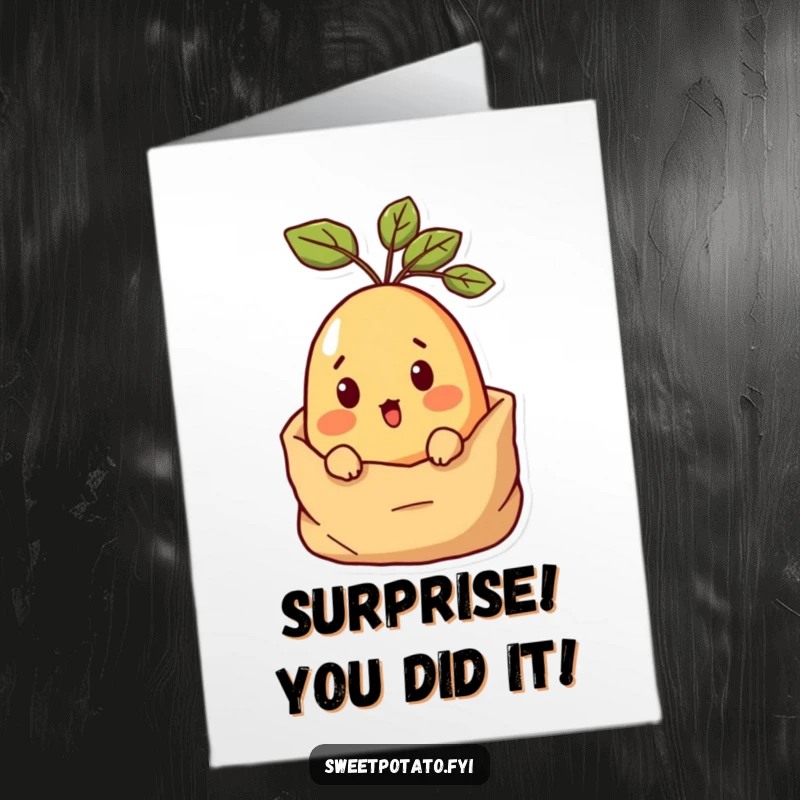 Funny Free Printable Sweet Potato Congratulation Card: Surprised character peeking from sack, a charming downloadable gift.