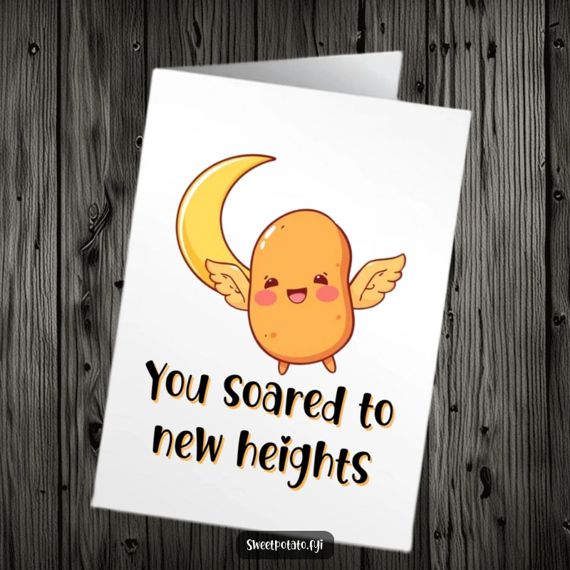 Funny Free Printable Congratulations Card: A sweet potato character with wings happily flying towards a crescent moon, celebrating success.