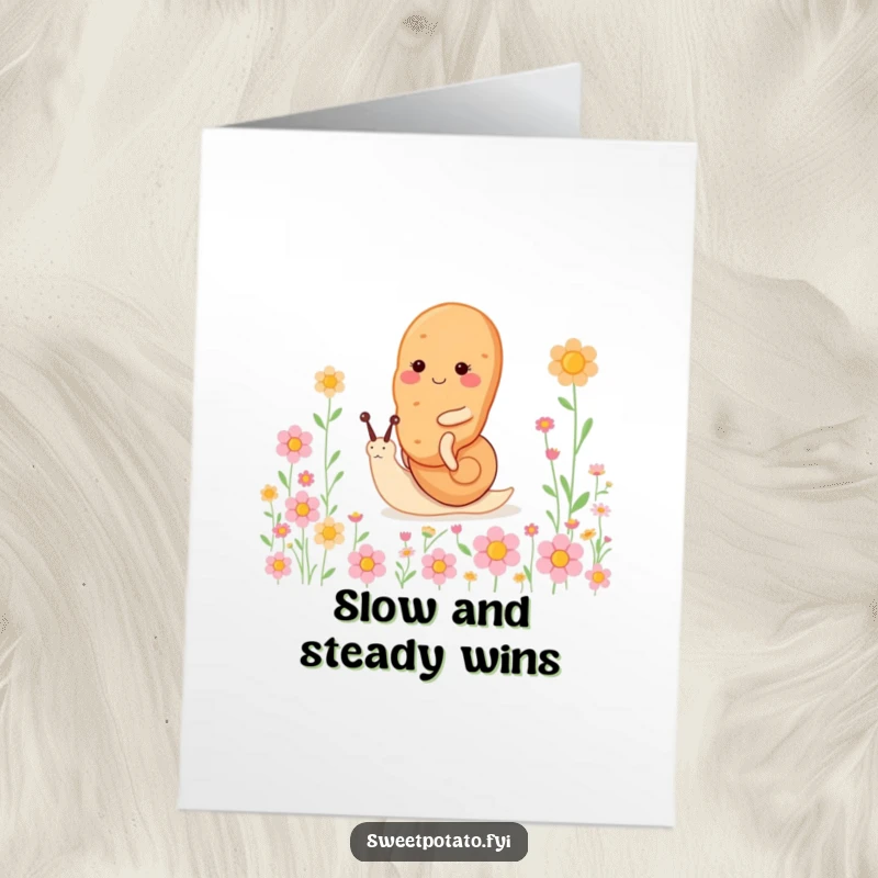 Funny Free Printable Congratulations Card: A sweet potato character enjoying a leisurely snail ride through a field of flowers, celebrating progress.