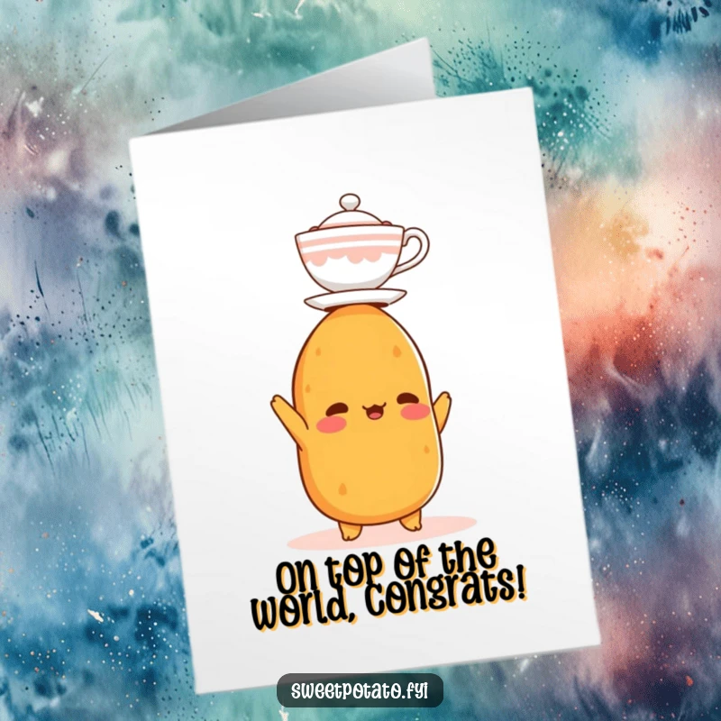 Funny Free Printable Congratulations Card: A sweet potato masterfully balances a small teacup on its head, celebrating success.