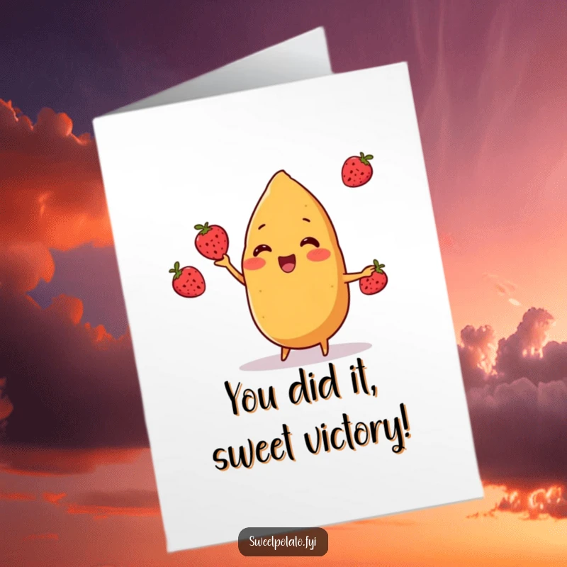 Funny Free Printable sweet potato character juggling berries with glee to celebrate a fantastic accomplishment.