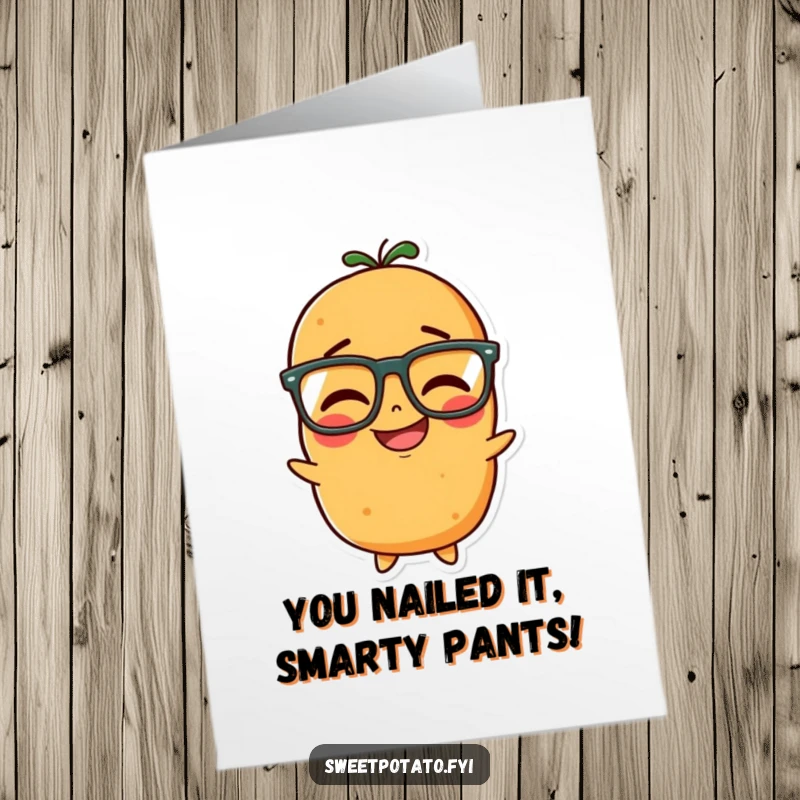 Funny Free Printable Congratulations card with a sweet potato character wearing glasses and caught mid-giggle. A witty design.