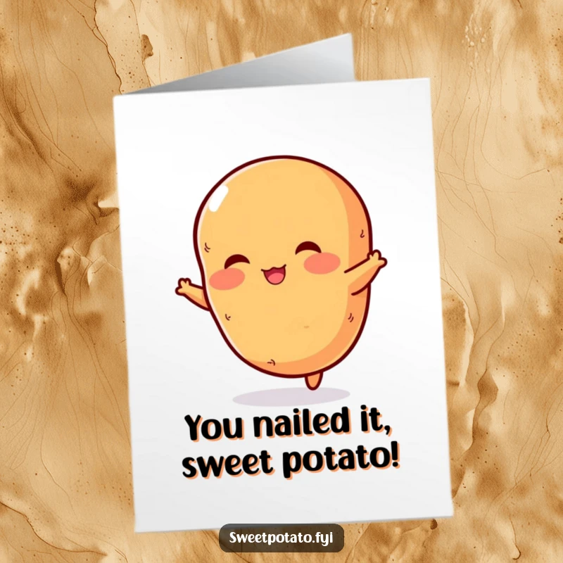 Funny Free Printable Congratulations Card: A sweet potato with rosy cheeks triumphantly leaping, embodying a spirit of energetic achievement and happiness.