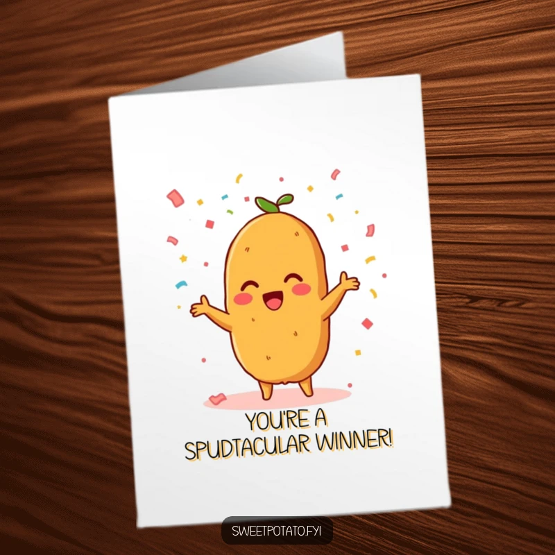 Funny Free Printable Congratulations Card: A radiant sweet potato character tosses a shower of celebratory confetti.