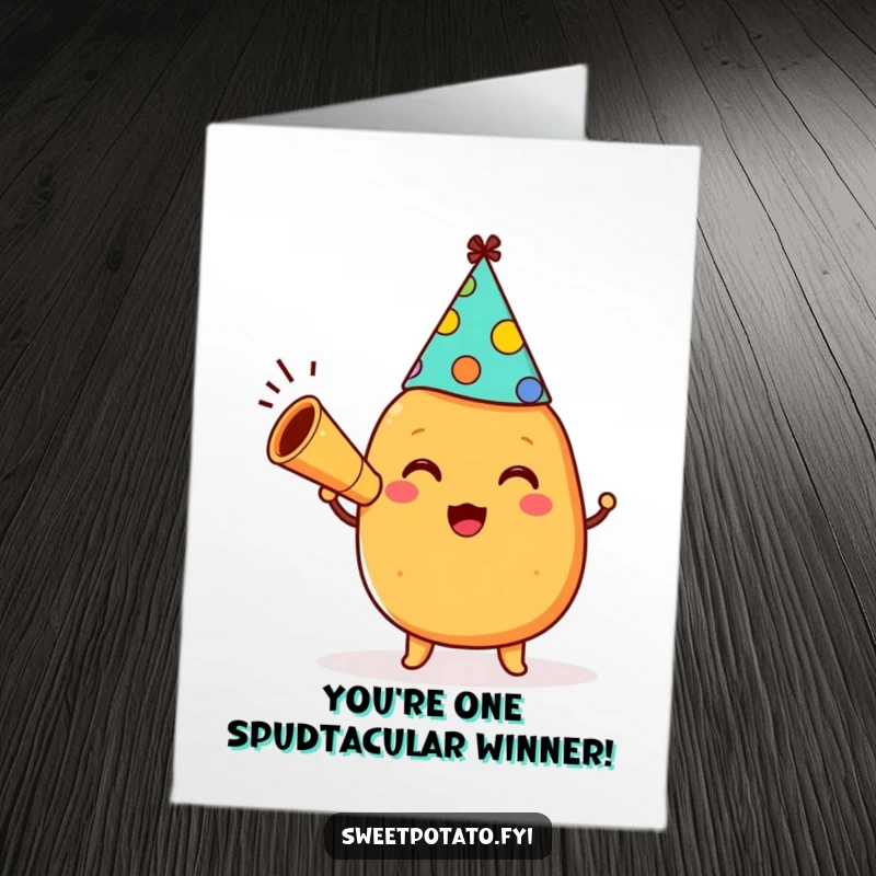 Funny Free Printable Congratulations Card: A cheerful sweet potato wearing a party hat blows a horn in celebration.