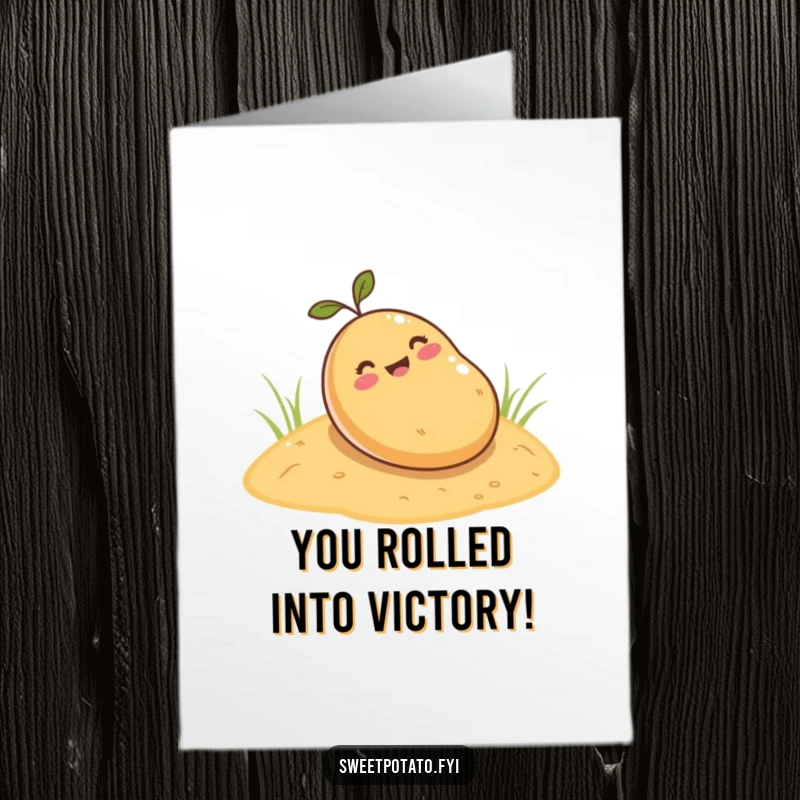 Funny Free Printable Congratulations Card with a happy sweet potato tumbling joyfully down a sandy hill.