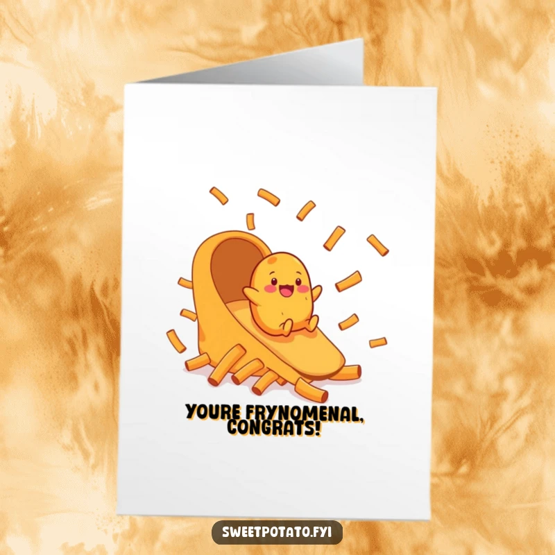 Funny Free Printable Congrats Card: A cheerful sweet potato slides down a chute made of delicious sweet potato fries.