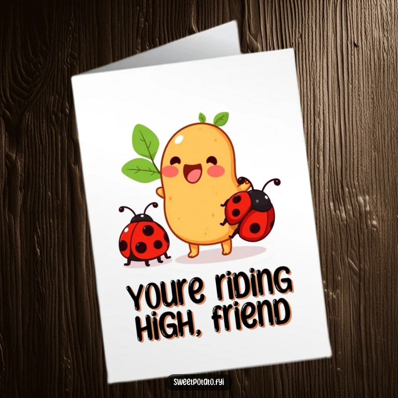 Funny Free Printable Sweet Potato Congratulations Card: a sweet potato excitedly rides a ladybug, representing a fun and successful journey.