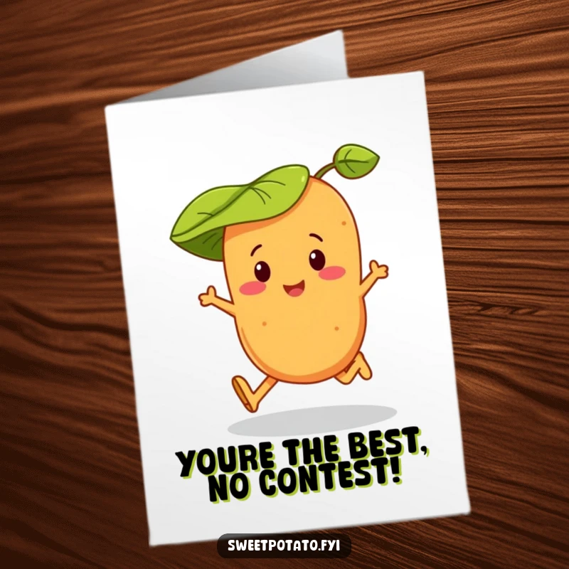 Funny Free Printable Congratulations card showing a sweet potato character with a leaf hat skipping along happily. A great DIY.
