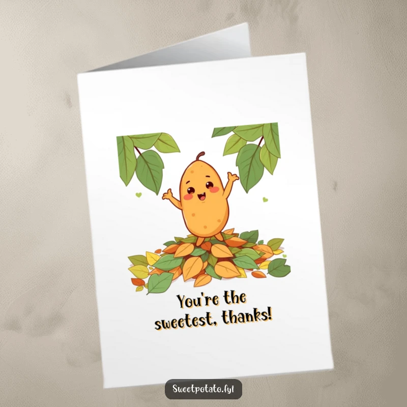 Funny Free Printable Thank You Card: A cheerful sweet potato character is dancing happily on a pile of leaves, thanking you.