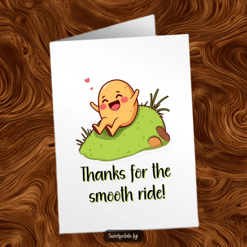 Funny Free Printable Thank You Card: A giggling sweet potato character enthusiastically slides down a grassy hill, sending thanks.