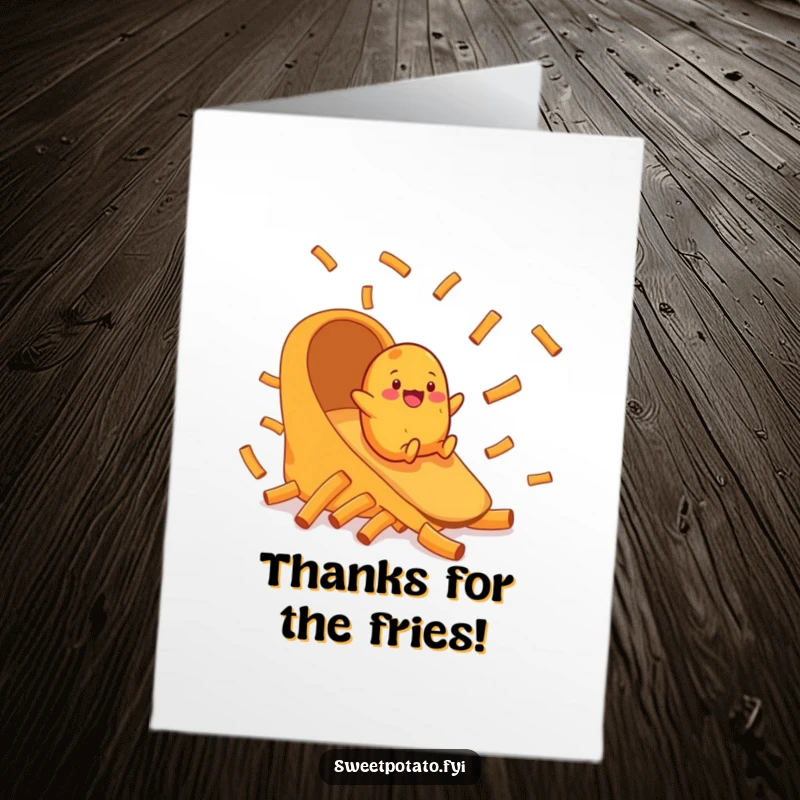 Funny Free Printable Thank You Card: Cheerful sweet potato slides down a chute of sweet potato fries in gratitude.