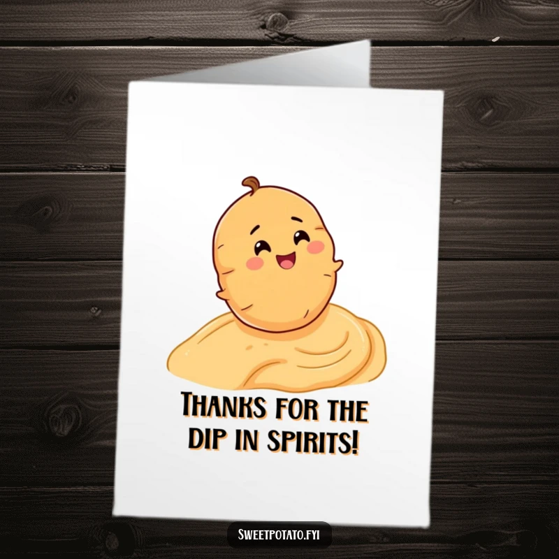 Funny Free Printable Thank You Card: Joyful sweet potato slides down a hummus slope expressing pure appreciation.