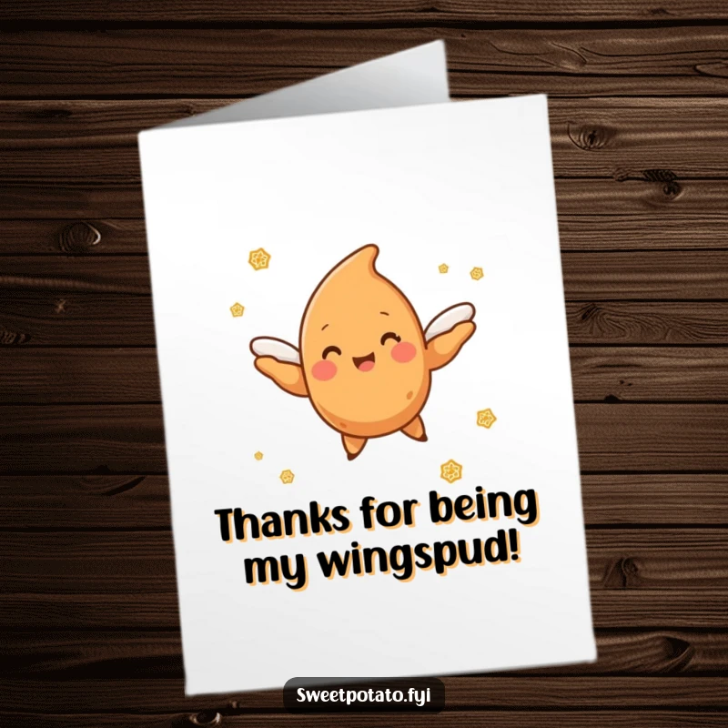 Funny Free Printable Thank You Card: Sweet potato with tiny wings joyfully flying through a fluffy cinnamon sugar cloud.