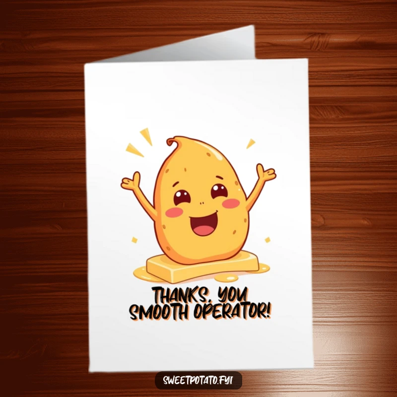 Funny Free Printable Thank You Card: An excited sweet potato character is captured mid-slide on a slippery surface of butter.