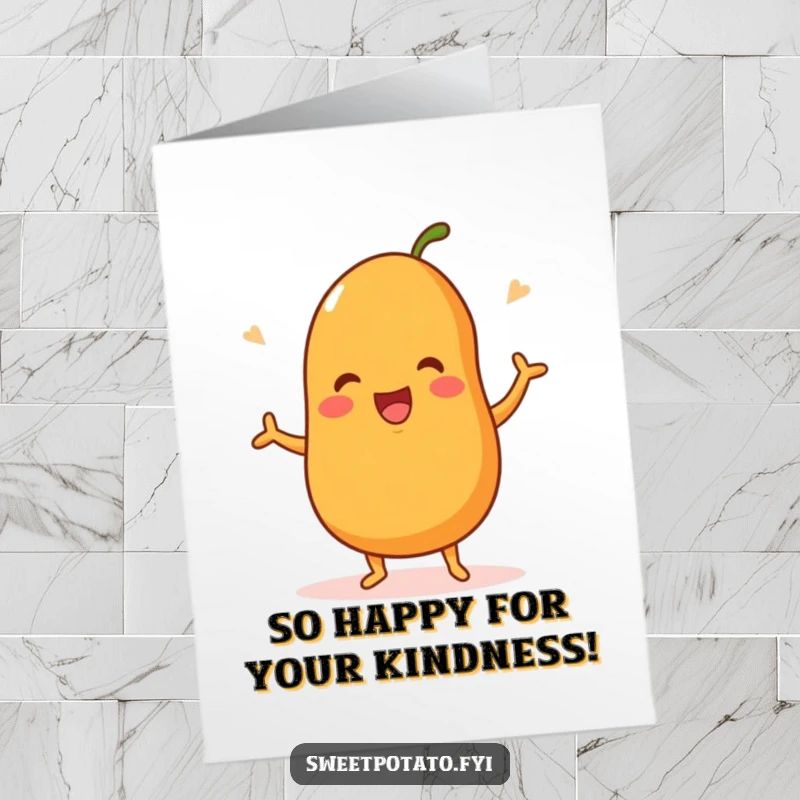 Funny Free Printable Thank You Card: A sweet potato character performs a happy dance, conveying immense gratitude with infectious enthusiasm.