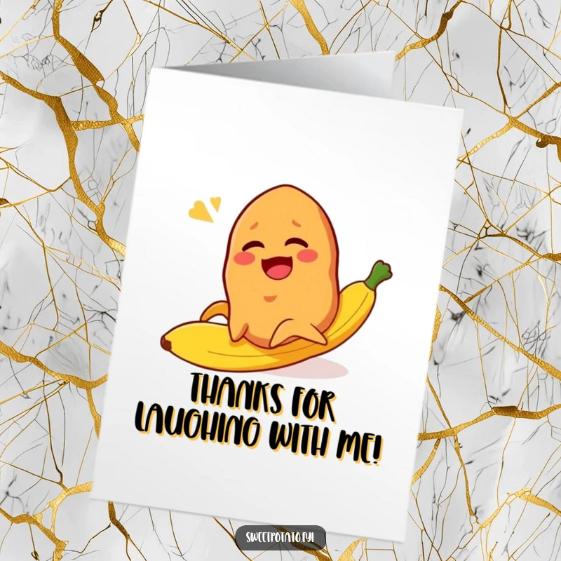 Funny Free Printable Thank You Card: Sweet potato character laughing as they hilariously slip on a banana peel.