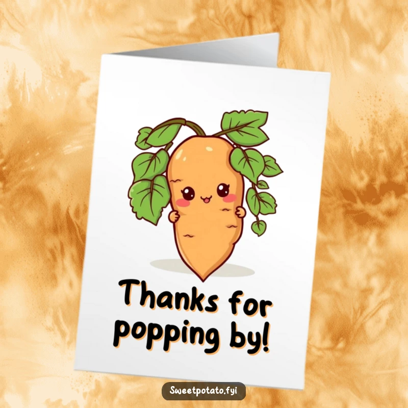 Funny Free Printable Thank You Card: A sweet potato character peeks out from behind a root, delivering thanks with a sweet, surprising gesture.
