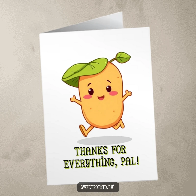 Funny Free Printable Thank You card with a sweet potato character in a jaunty leaf hat skipping with glee.