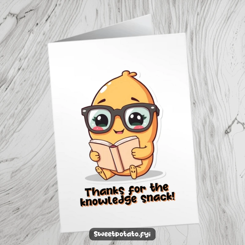 Funny Free Printable Thank You Card: Giggling Sweet Potato character with large glasses, reading a book and saying thanks.