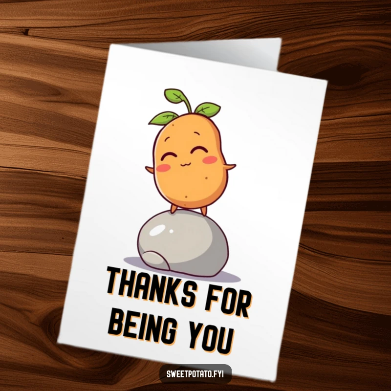 Funny Free Printable Thank You Card: A winking sweet potato character shows gratitude while balancing precariously on a pebble.