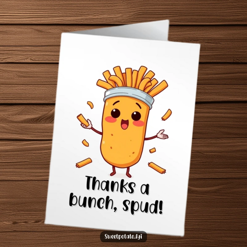 Funny Free Printable Thank You Card: A startled sweet potato character is in the act of juggling a stack of tasty fries.