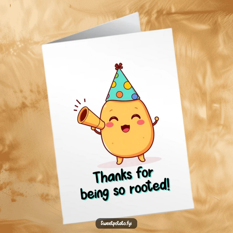 Funny Free Printable Thank You Card: A happy sweet potato in a party hat blows a horn, expressing thanks.