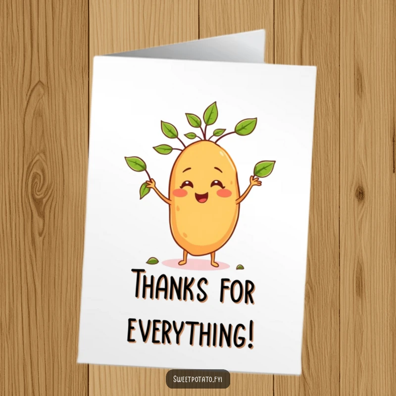 Funny free printable thank you card of a smiling sweet potato character juggling small leaves in appreciation.