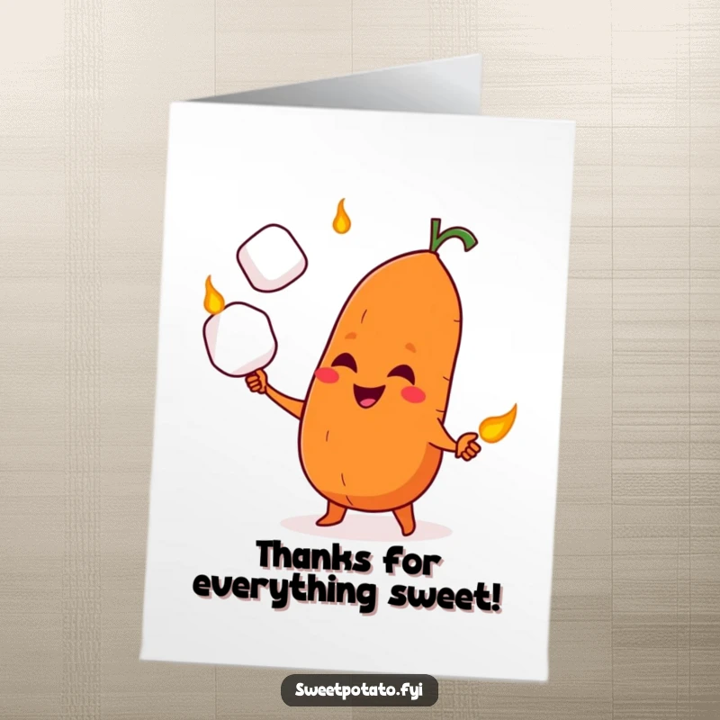 Funny Free Printable Thank You Card: Sweet potato juggles marshmallows with a playful, mischievous grin, expressing thanks.
