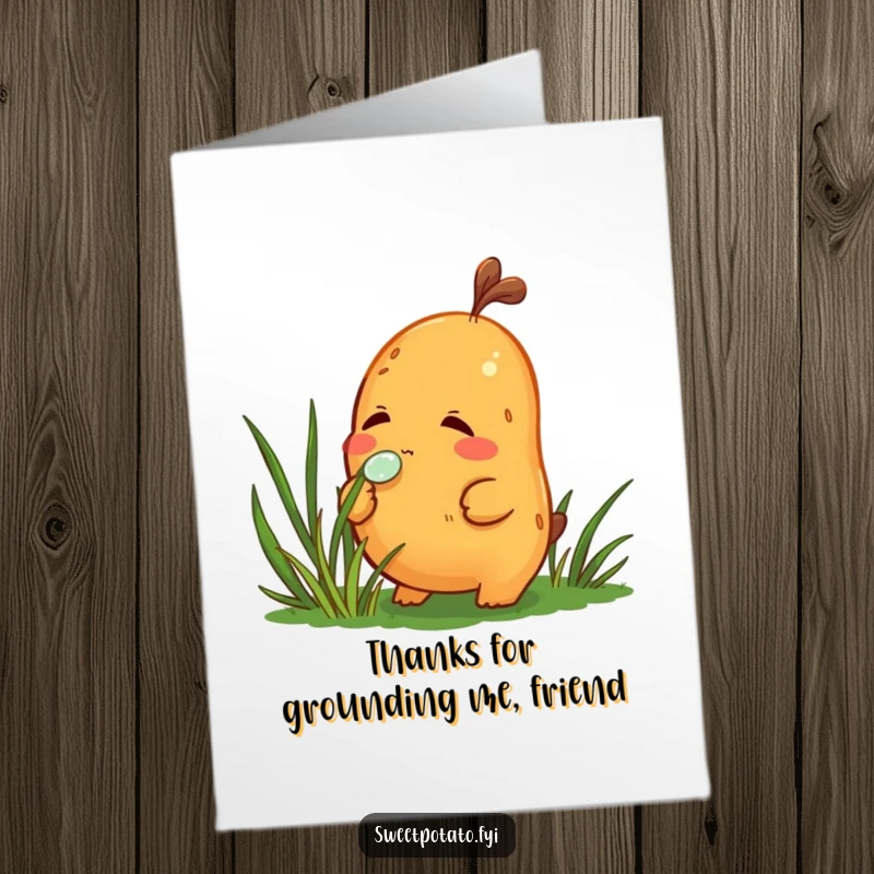 Funny Free Printable Thank You Card: A sweet potato character curiously sniffs a dewdrop on grass, a moment of peaceful gratitude.