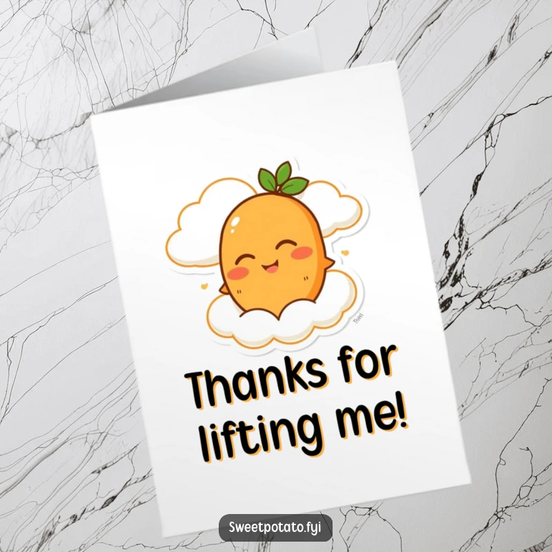 Funny Free Printable Thank You Card: A winking sweet potato character enjoys a breezy ride, carried by a delighted, plump cloud.