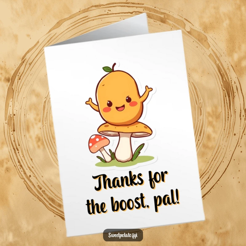 Funny Free Printable Thank You Card: Happy Sweet Potato character bouncing high on a mushroom, sending thanks.