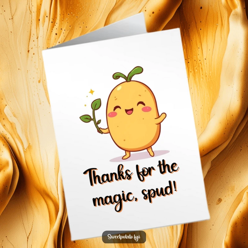 Funny Free Printable Thank You Card: A pleased sweet potato character makes magic happen with a sprout.