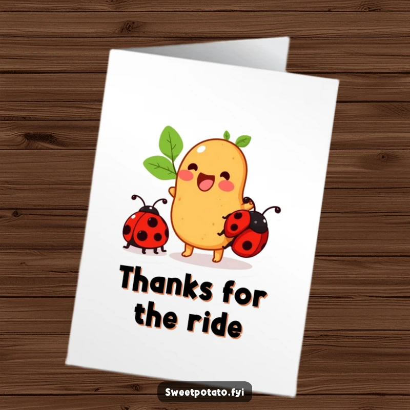 Funny Free Printable Sweet Potato Thank You Card: a sweet potato character attempts to ride a ladybug, a funny way to say thanks.