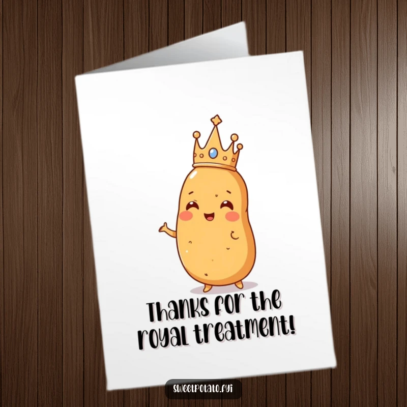 Funny Free Printable Thank You Card: A sweet potato queen or king, complete with a tiny crown, striking a pose to convey sincere gratitude.