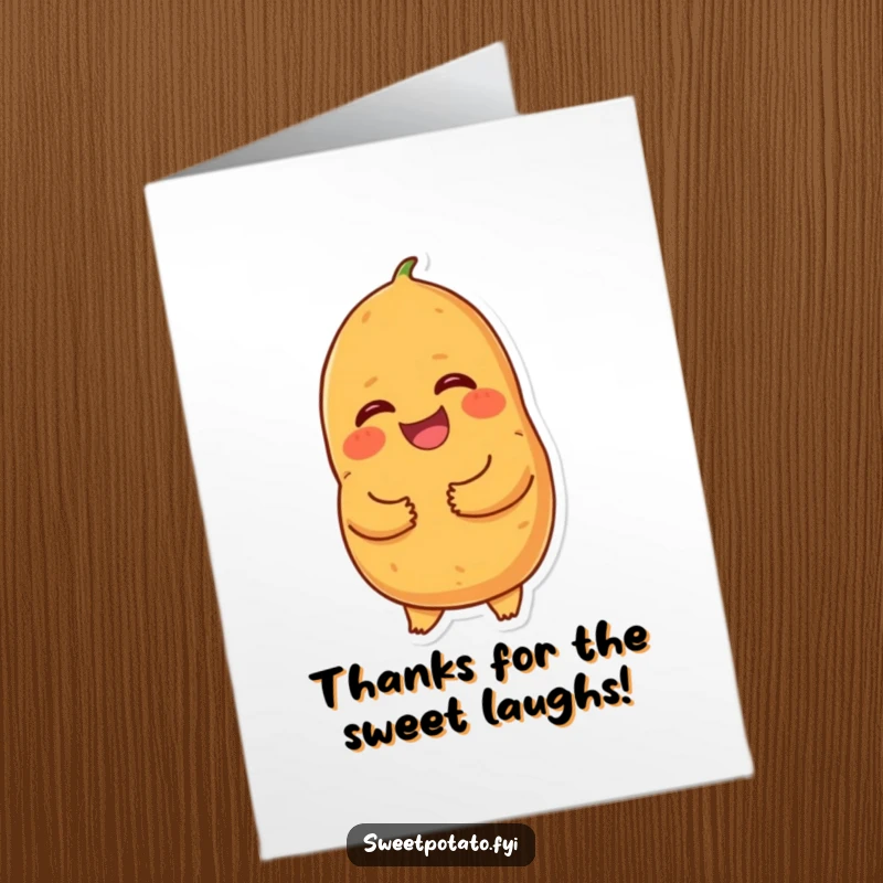 Funny Free Printable Thank You Card featuring a sweet potato holding its belly and laughing uncontrollably with joy.
