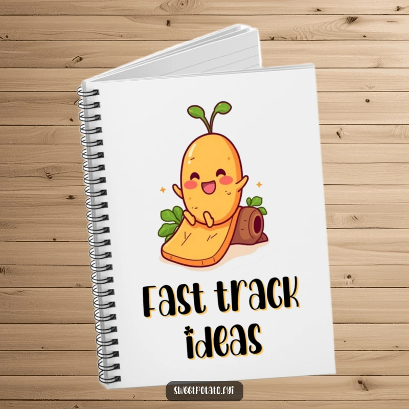 Funny notebook cover with a cheerful sweet potato character sliding down a yam slide, inspiring bold ideas.