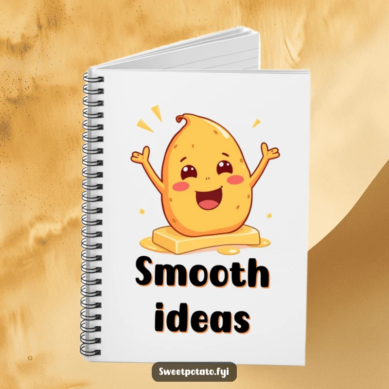 Funny notebook cover with an excited sweet potato character sliding on butter, perfect for jotting down notes and ideas.