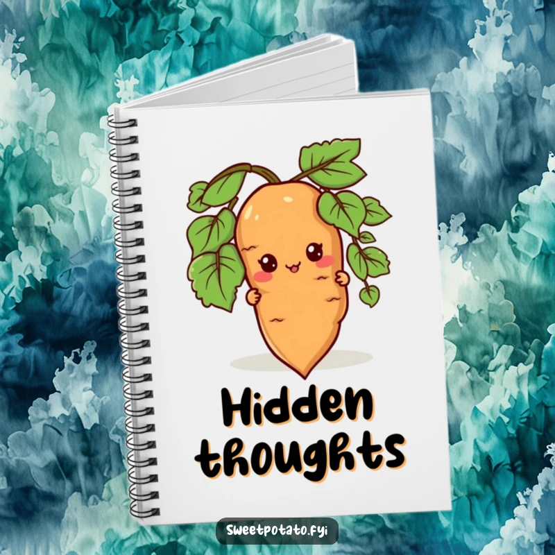 Funny notebook with a sweet potato character peeking from behind a root, ideal for jotting down curious thoughts and ideas.