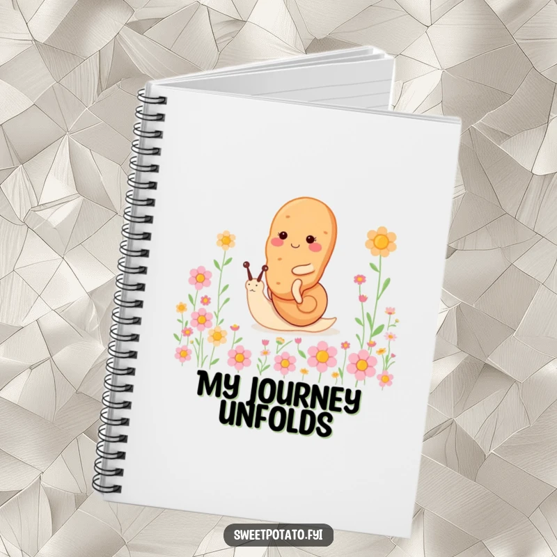 Funny sweet potato character notebook, riding a tiny, happy snail through a field of flowers, ideal for peaceful journaling.