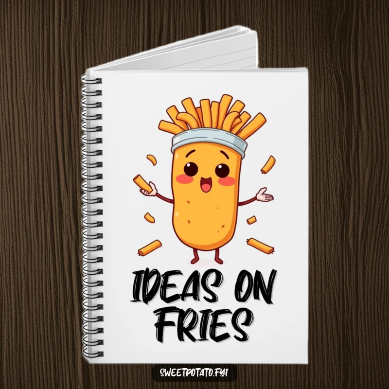 Funny notebook cover with a surprised sweet potato character in a comical juggling act with sweet potato fries, perfect for note-taking.
