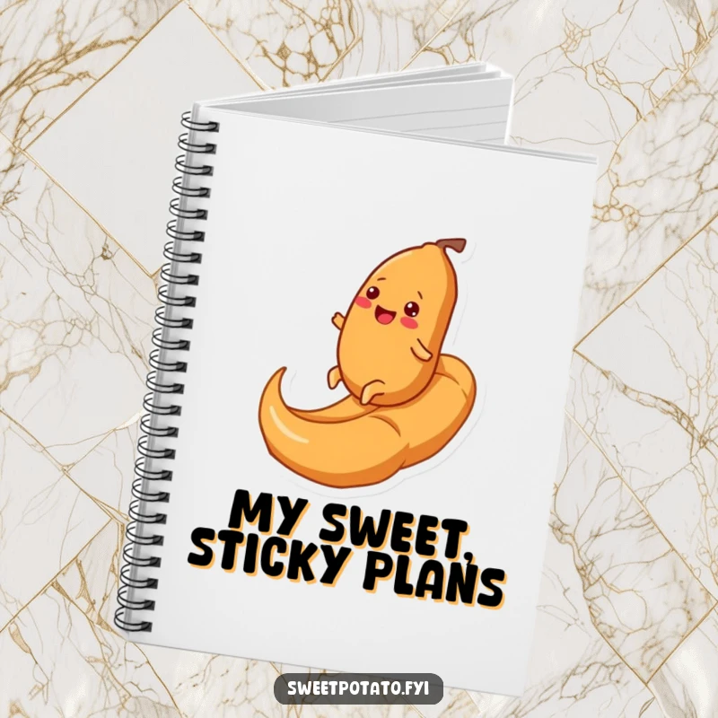 Funny notebook with a cheerful sweet potato character joyfully rolling up a gooey caramel swirl, ideal for capturing creative thoughts and humorous notes.