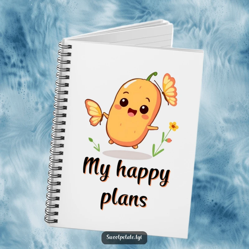 Funny notebook with a playful sweet potato character chasing a butterfly with a big smile, ideal for jotting down ideas with fun.